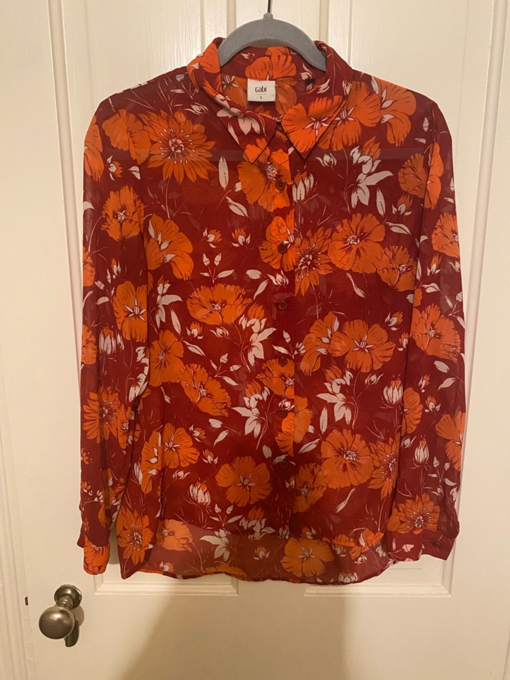 CAbi Rust Button-Down Shirt with Orange Floral Print